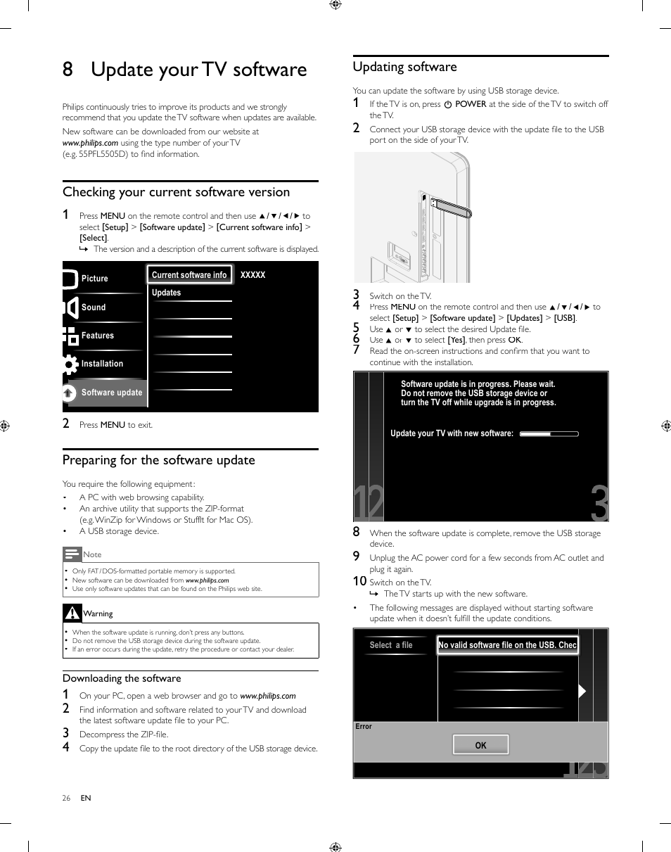 8 update your tv software, Updating software, Checking your current software version 1 | Preparing for the software update | Philips 55PFL5505D-F7 User Manual | Page 27 / 37