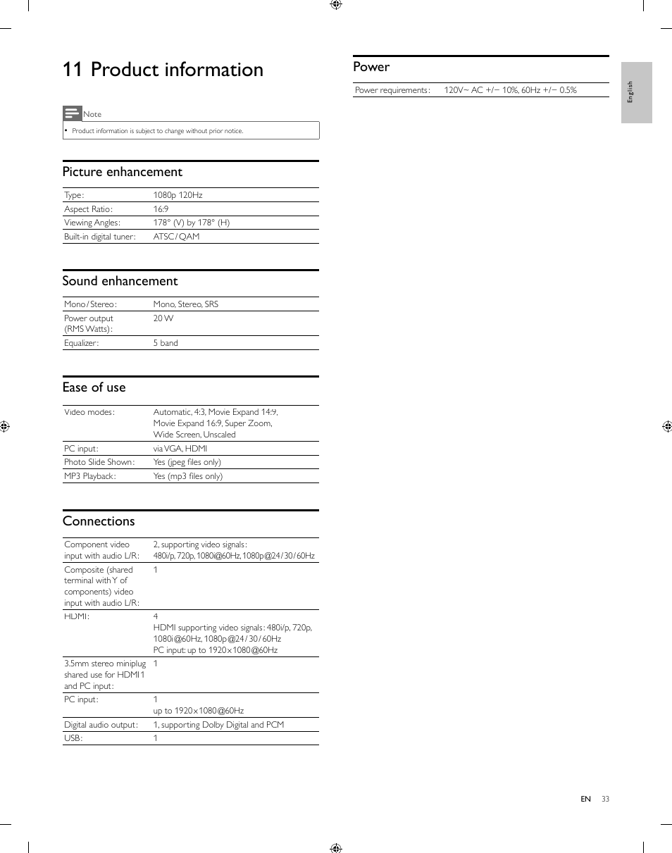 11 product information, Picture enhancement, Sound enhancement | Ease of use, Connections, Power | Philips 55PFL5505D-F7 User Manual | Page 34 / 37