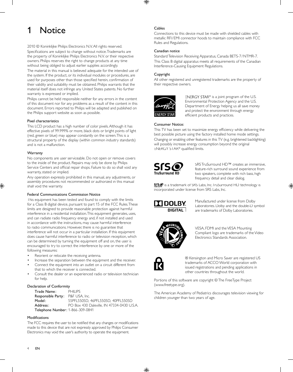 1 notice | Philips 55PFL5505D-F7 User Manual | Page 5 / 37