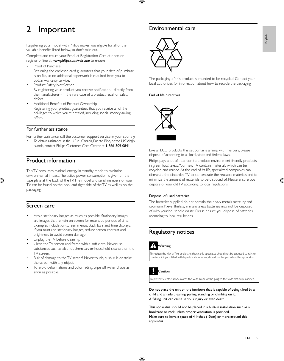 2 important | Philips 55PFL5505D-F7 User Manual | Page 6 / 37