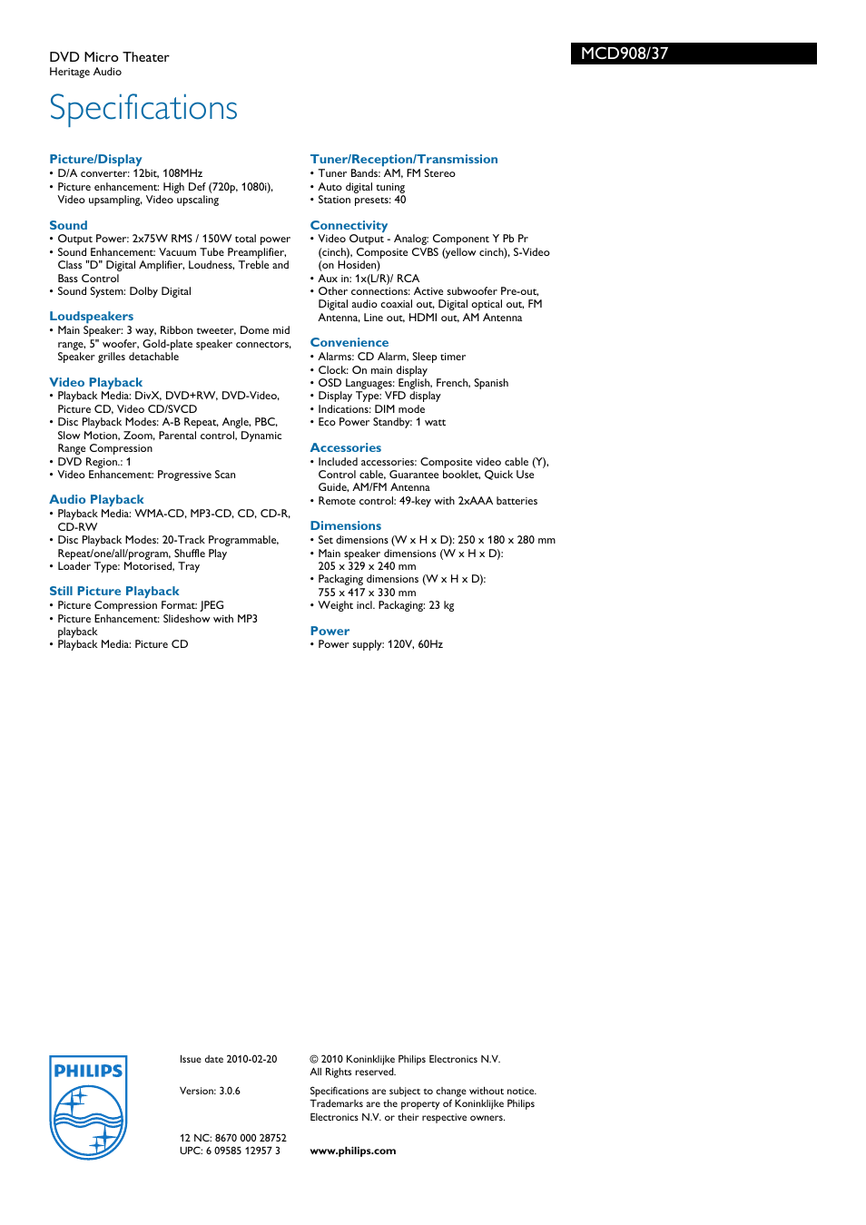 Specifications | Philips MCD908-37 User Manual | Page 3 / 3