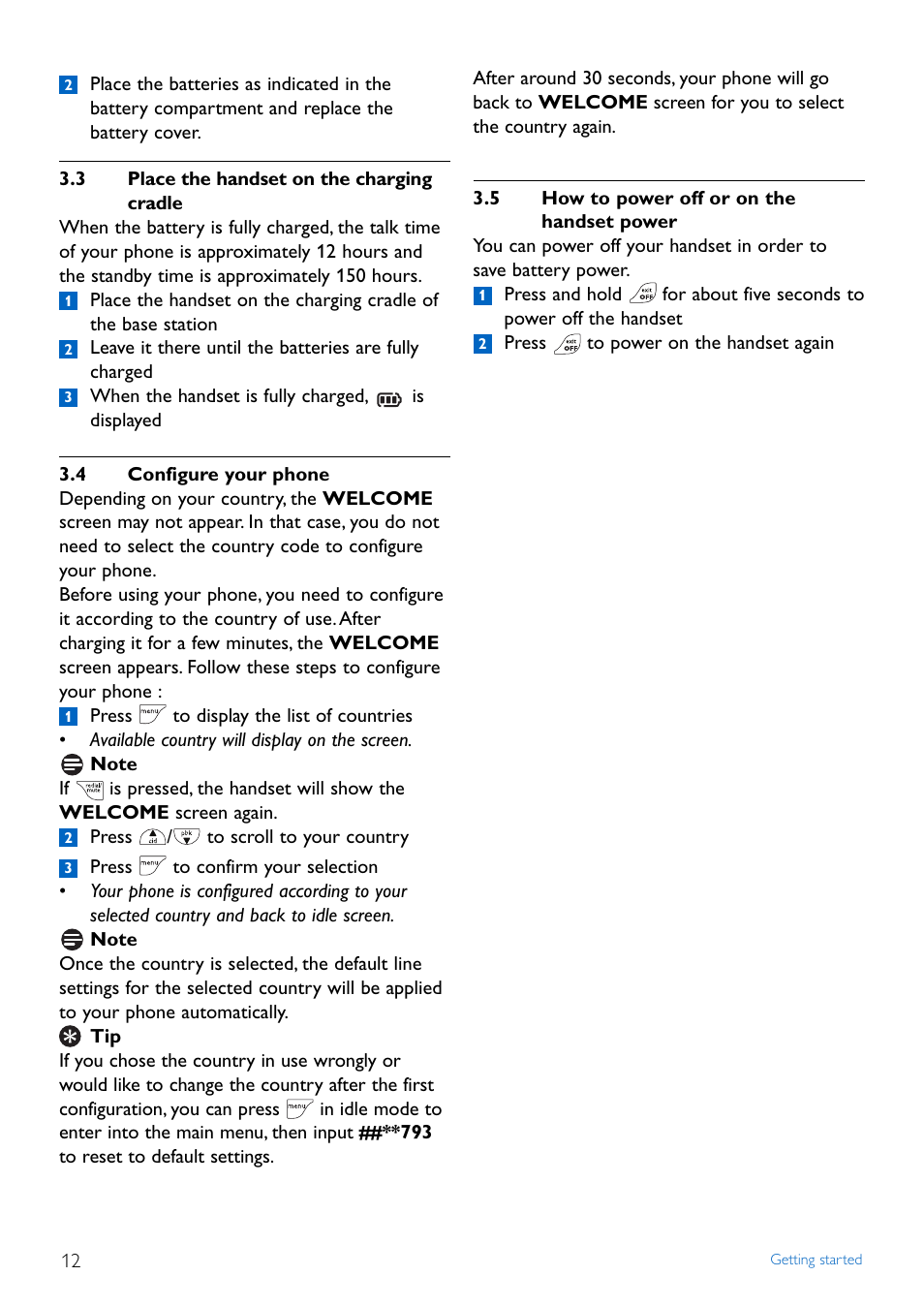 3 place the handset on the, 4 configure your phone, 5 how to power off or on t | Place the handset on the charging cradle, Configure your phone, How to power off or on the handset power | Philips Cordless phone answer machine CD4452B User Manual | Page 14 / 48