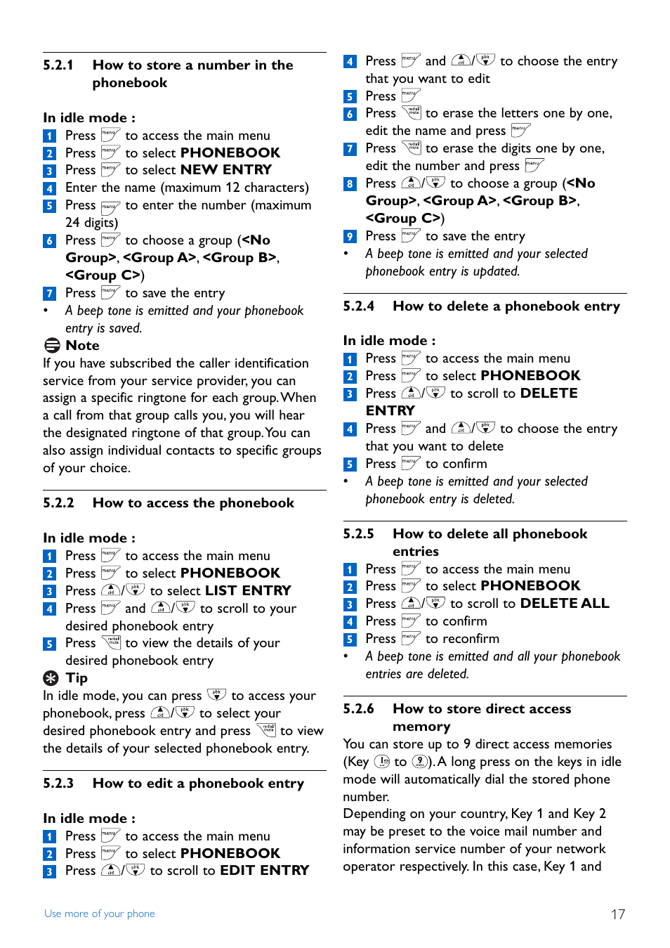 1 how to store a number, 2 how to access the phon, 3 how to edit a phoneboo | 4 how to delete a phoneb, 5 how to delete all phon, 6 how to store direct ac, 1 how to store a number in the, Phonebook, 2 how to access the phonebook, 3 how to edit a phonebook entry | Philips Cordless phone answer machine CD4452B User Manual | Page 19 / 48
