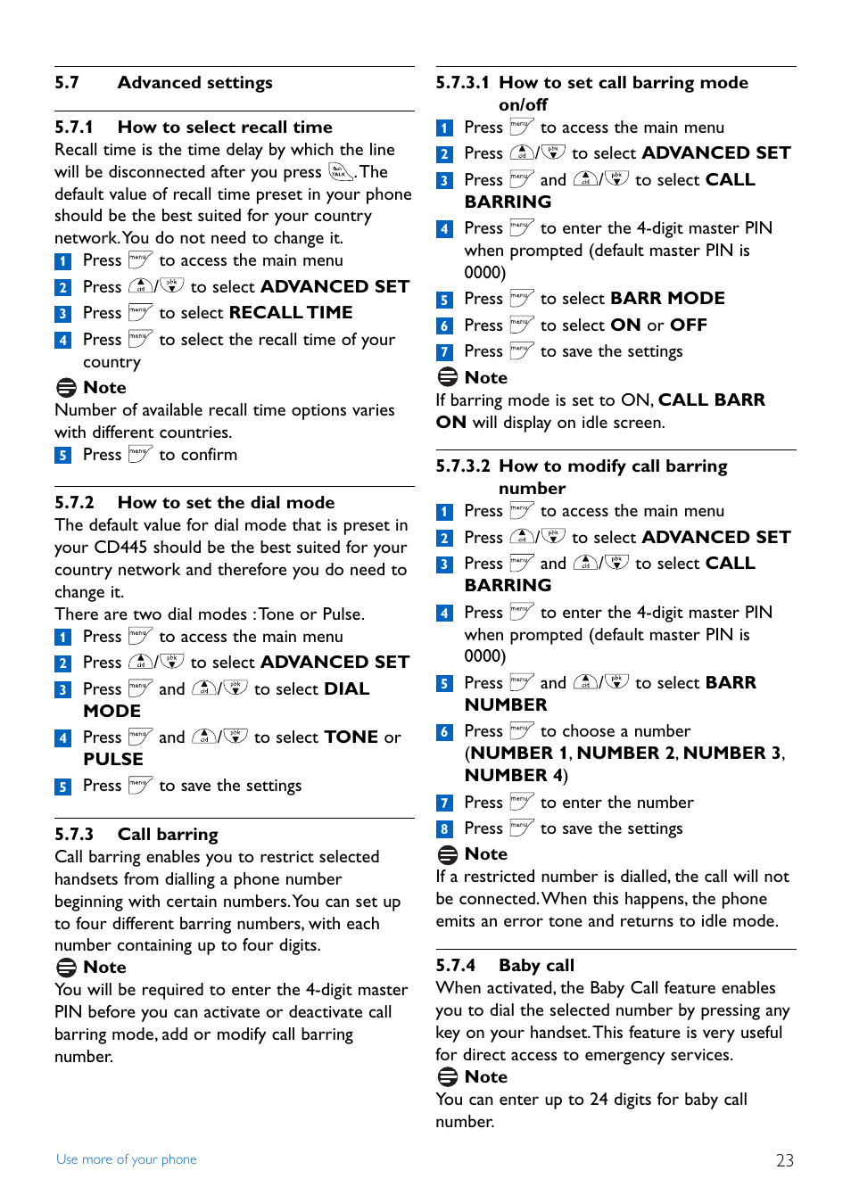 7 advanced settings, 1 how to select recall time, 2 how to set the dial mode | 3 call barring, 4 baby call, Advanced settings | Philips Cordless phone answer machine CD4452B User Manual | Page 25 / 48