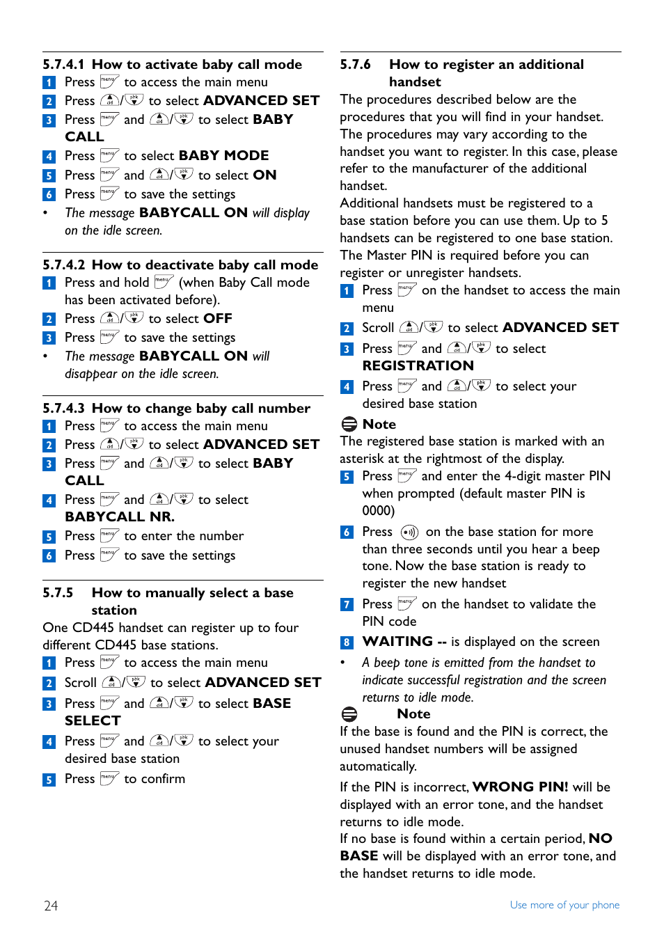 5 how to manually select, 6 how to register an add, 5 how to manually select a base station | 6 how to register an additional handset | Philips Cordless phone answer machine CD4452B User Manual | Page 26 / 48