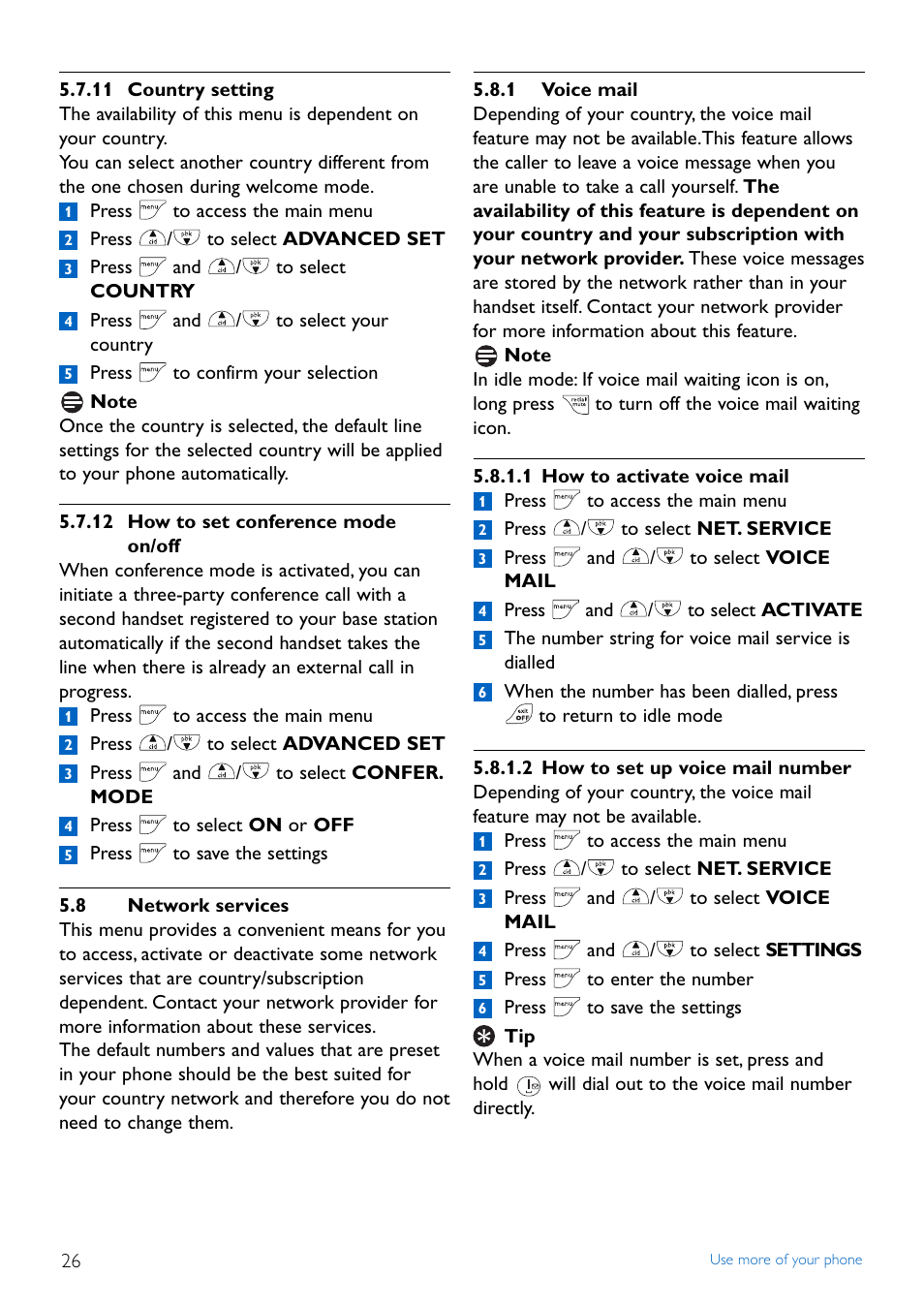 11 country setting, 12 how to set conference, 8 network services | 1 voice mail, 12 how to set conference mode on/off, Network services | Philips Cordless phone answer machine CD4452B User Manual | Page 28 / 48