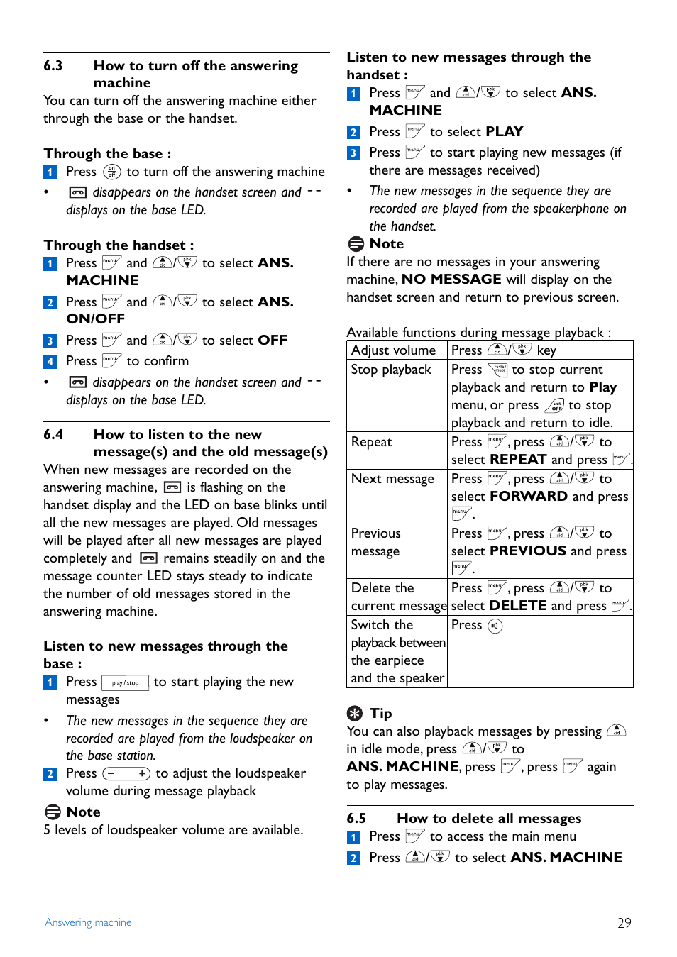 3 how to turn off the answ, 4 how to listen to the new, 5 how to delete all messages | How to turn off the answering machine, How to delete all messages | Philips Cordless phone answer machine CD4452B User Manual | Page 31 / 48