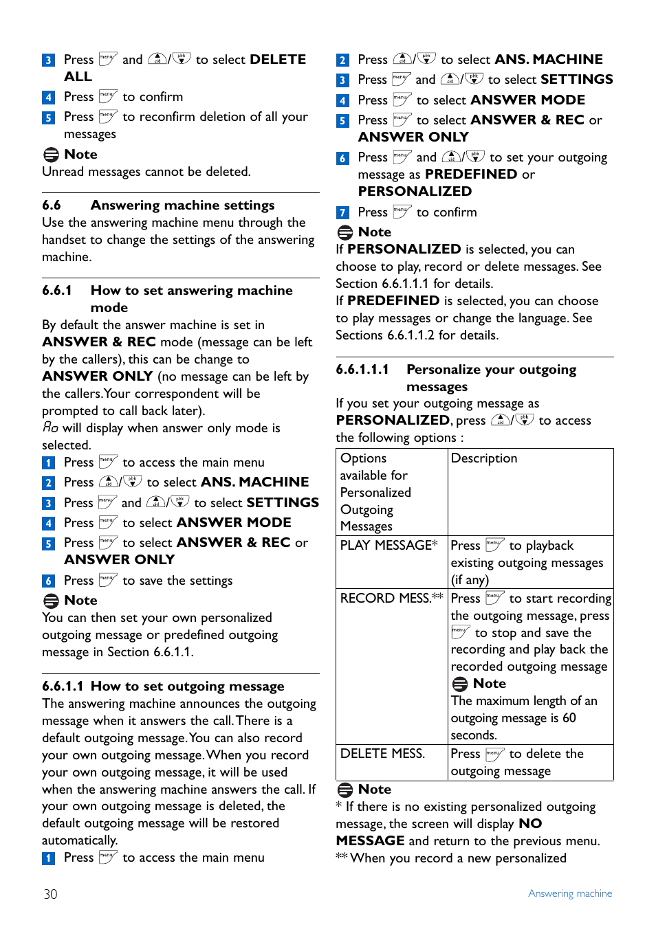 6 answering machine settings, 1 how to set answering m, Answering machine settings | 1 how to set answering machine mode | Philips Cordless phone answer machine CD4452B User Manual | Page 32 / 48