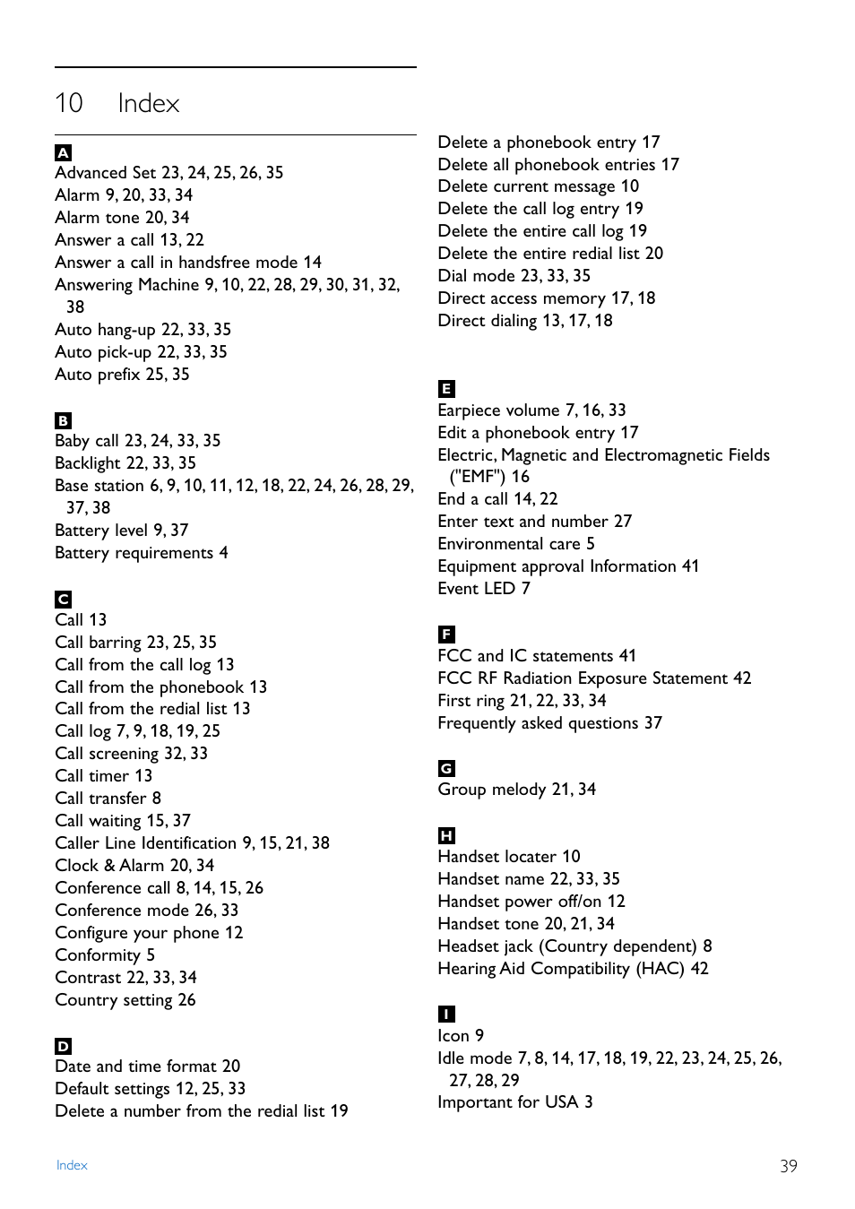 10 index, Index | Philips Cordless phone answer machine CD4452B User Manual | Page 41 / 48