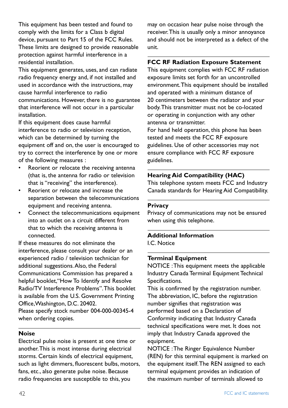 E statement 42, C) 42, Noise 42 | Privacy 42, Erminal equipment 42 | Philips Cordless phone answer machine CD4452B User Manual | Page 44 / 48