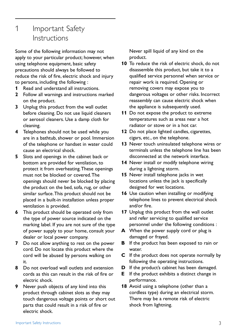 1 important safety instructions, Important safety instructions, 1important safety instructions | Philips Cordless phone answer machine CD4452B User Manual | Page 5 / 48