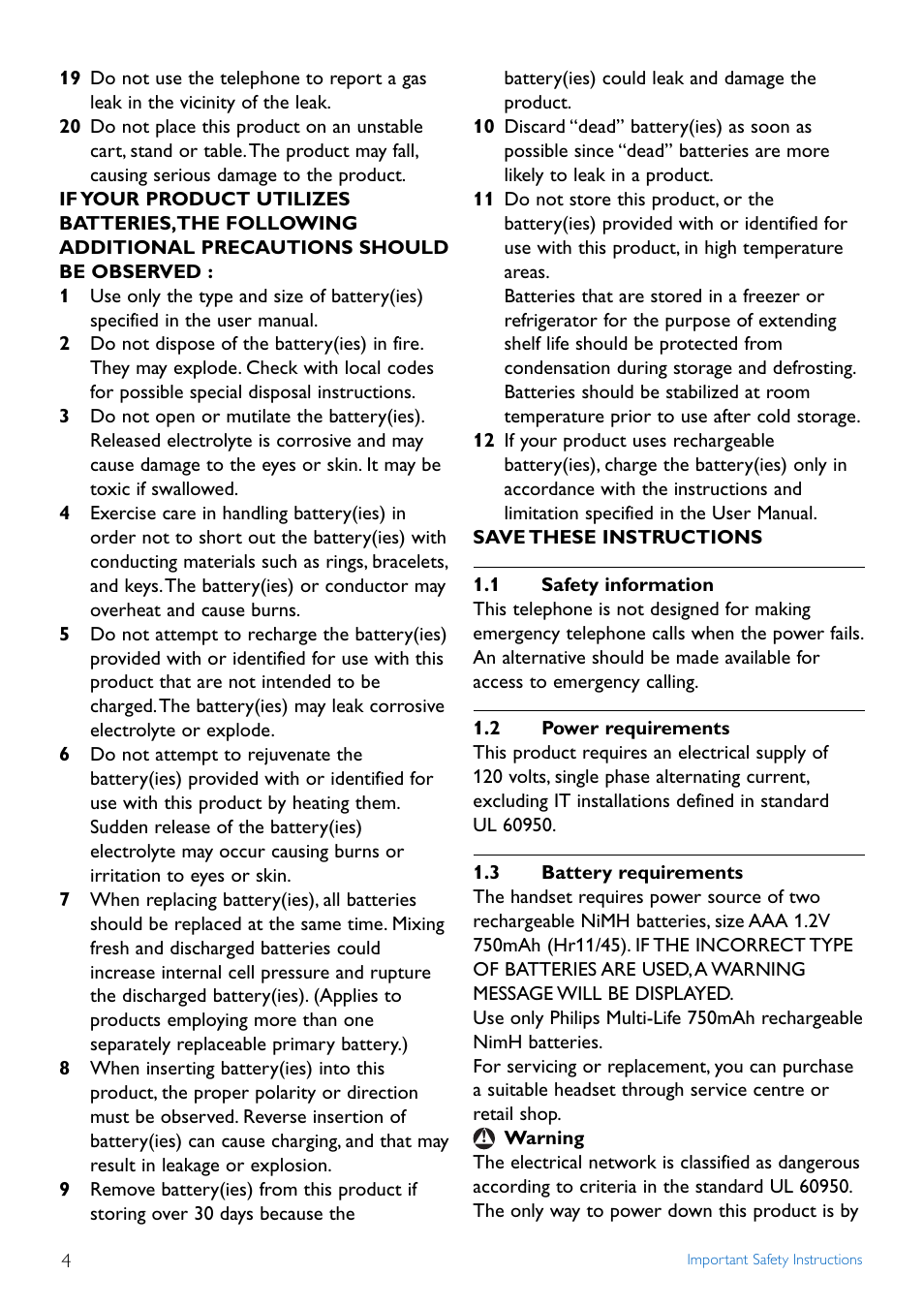 1 safety information, 2 power requirements, 3 battery requirements | Safety information, Power requirements, Battery requirements | Philips Cordless phone answer machine CD4452B User Manual | Page 6 / 48