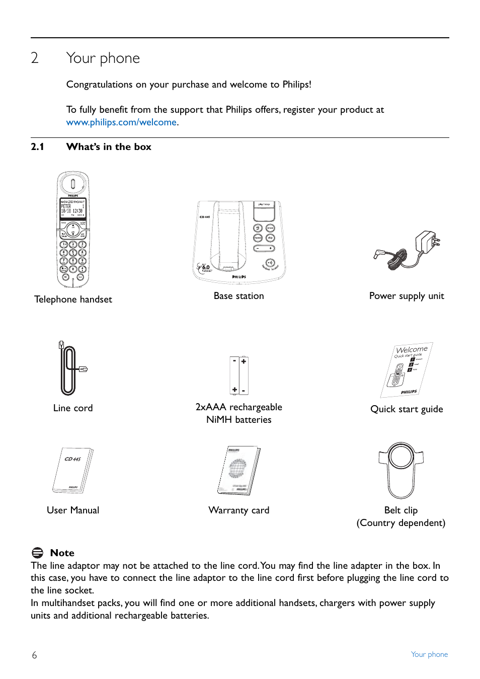 2 your phone, 1 what™s in the box, Your phone | What’s in the box, 2your phone | Philips Cordless phone answer machine CD4452B User Manual | Page 8 / 48