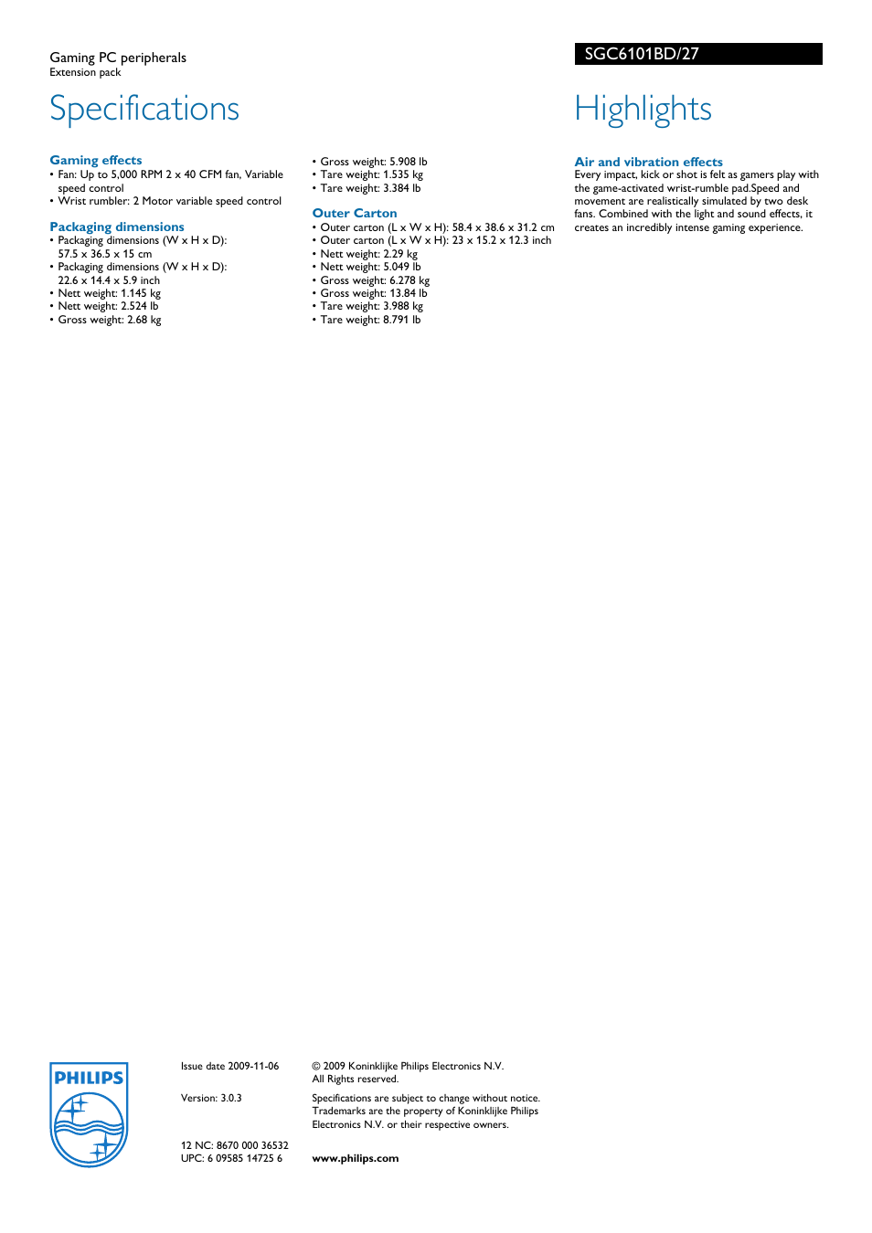 Specifications, Highlights | Philips amBX Gaming PC peripherals SGC6101BD Extension pack User Manual | Page 2 / 2