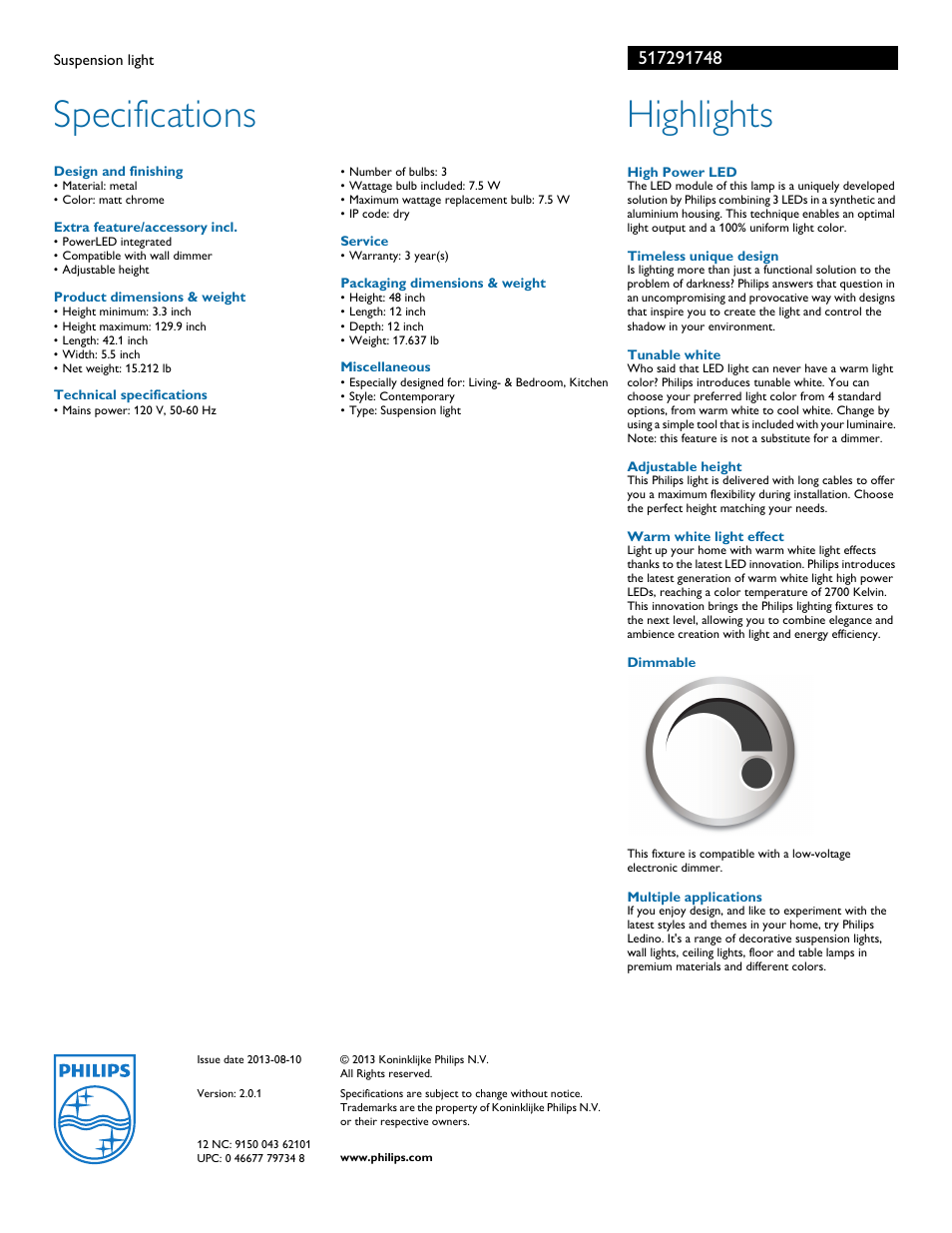 Specifications, Highlights | Philips 517291748 User Manual | Page 2 / 2