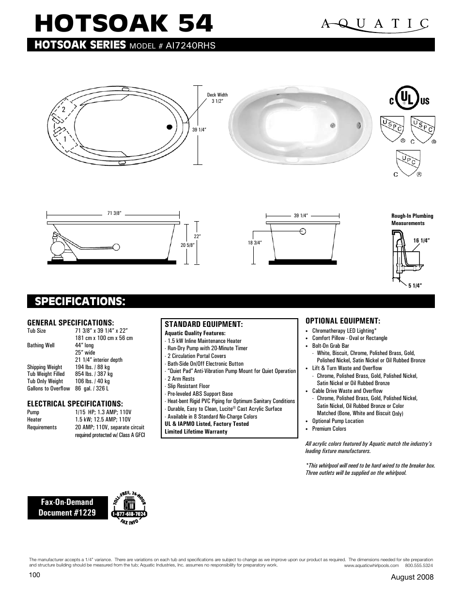 Aquatic HOTSOAK 54 AI7240RHS User Manual | 1 page