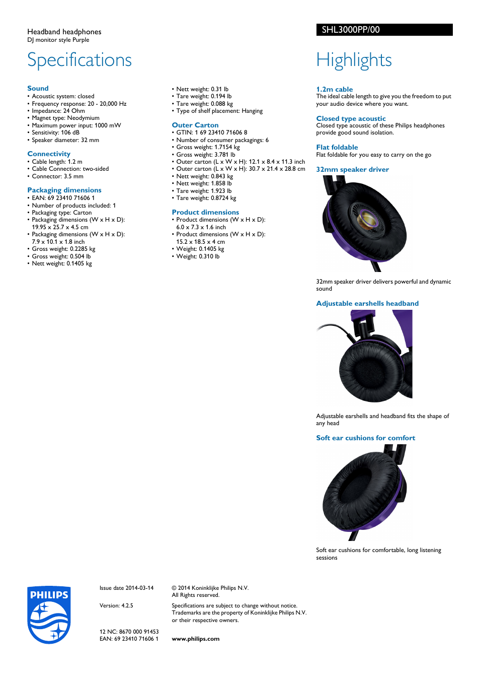 Specifications, Highlights | Philips SHL3000PP-00 User Manual | Page 2 / 2