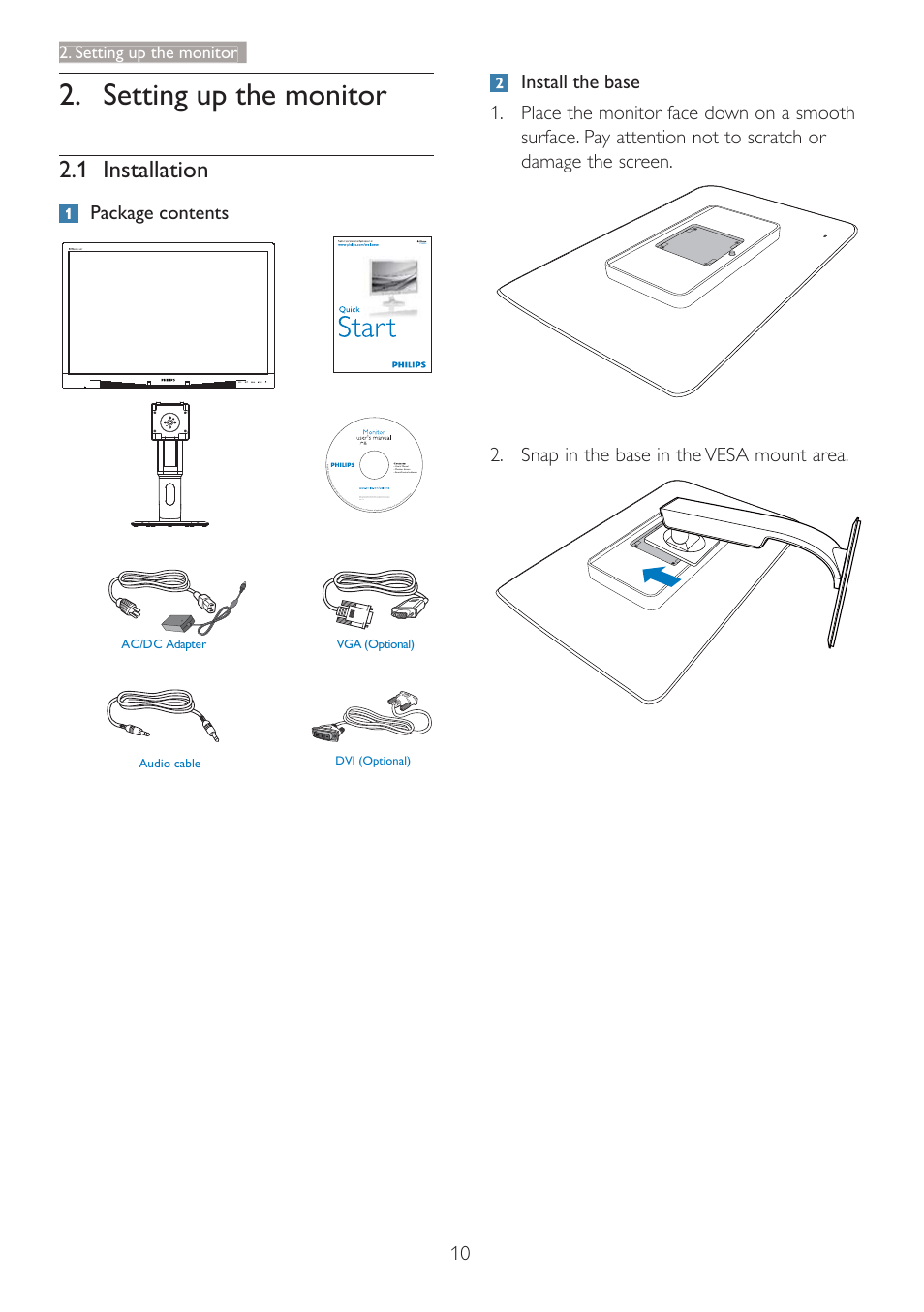 1 installation, Package contents, Setting up the monitor | Philips C240P4QPYEW-27 User Manual | Page 12 / 51