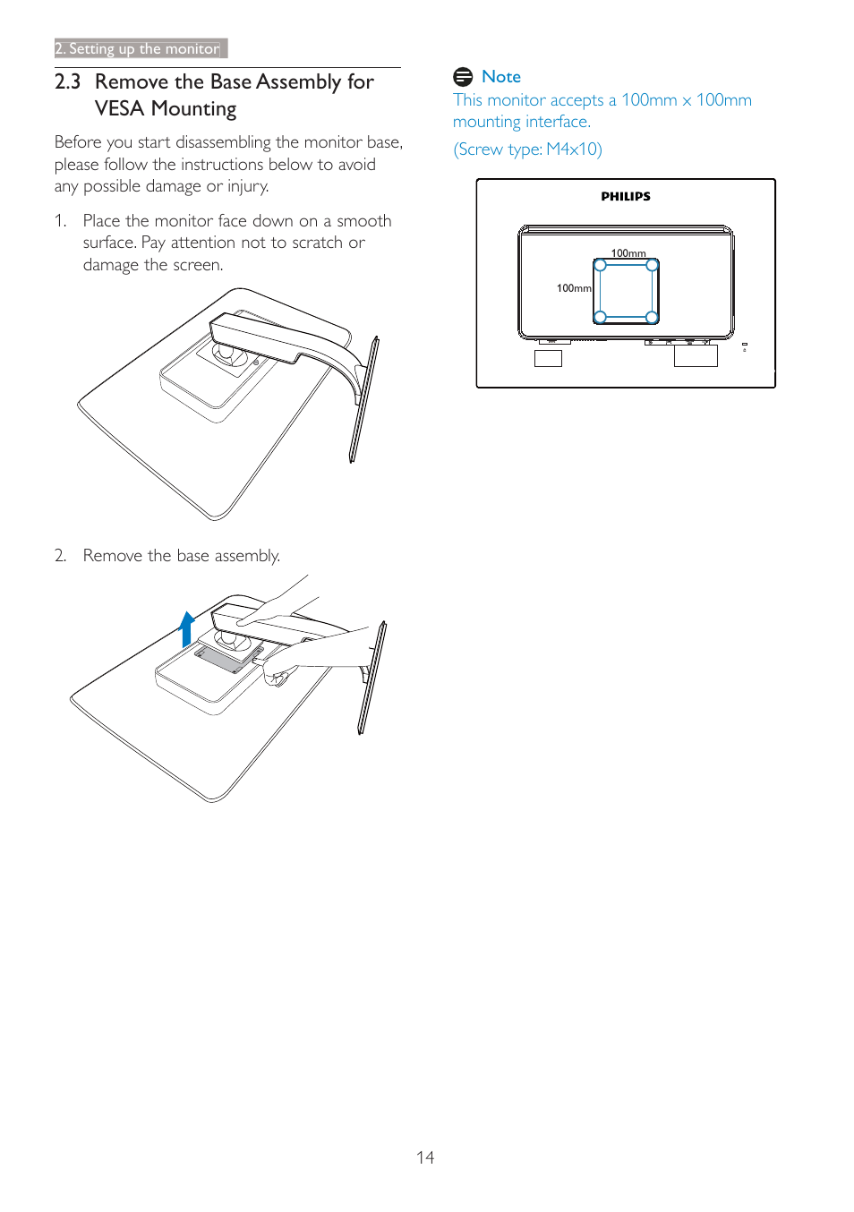 3 remove the base assembly for vesa mounting | Philips C240P4QPYEW-27 User Manual | Page 16 / 51