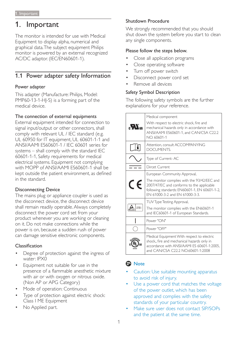 Important, 1 power adapter safety information | Philips C240P4QPYEW-27 User Manual | Page 3 / 51