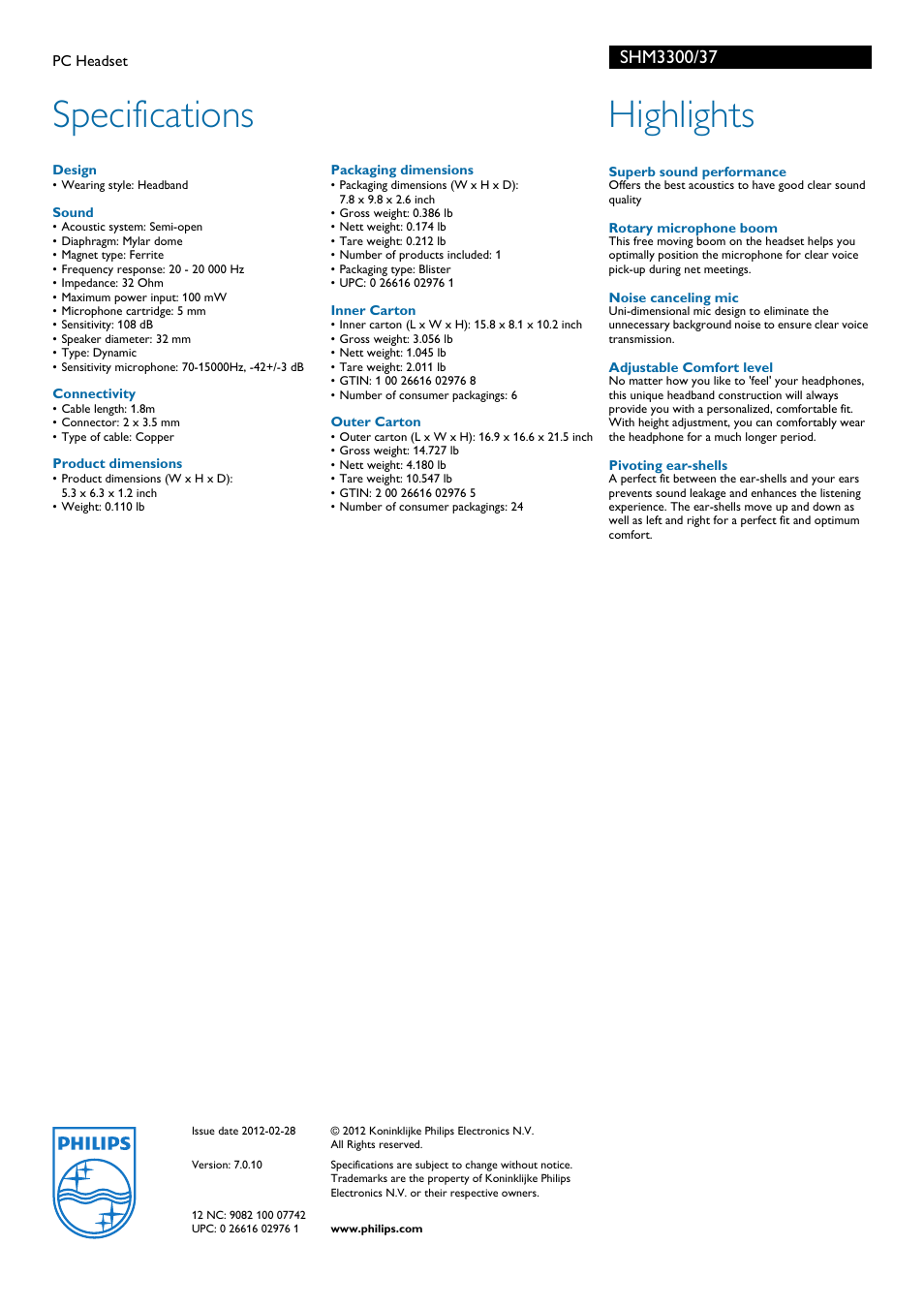 Specifications, Highlights | Philips SHM3300-37B User Manual | Page 2 / 2