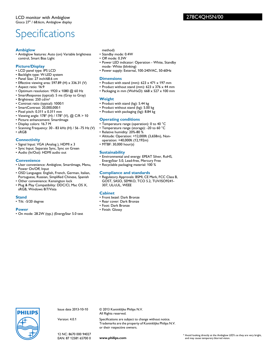 Specifications | Philips 278C4QHSN-00 User Manual | Page 3 / 3