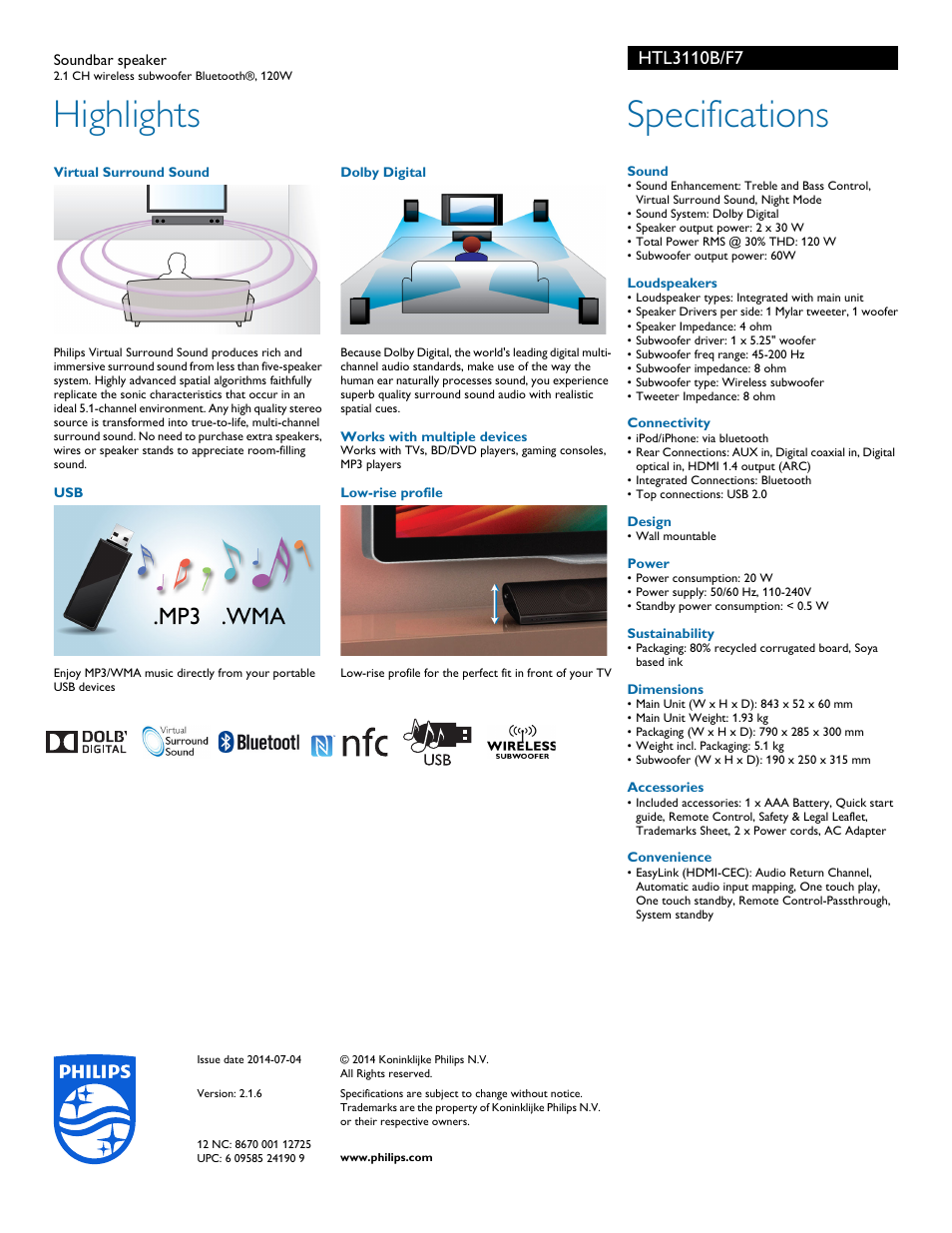 Highlights, Specifications | Philips HTL3110B-F7 User Manual | Page 2 / 2