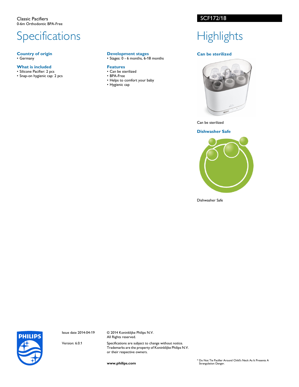 Specifications, Highlights | Philips SCF172-18 User Manual | Page 2 / 2