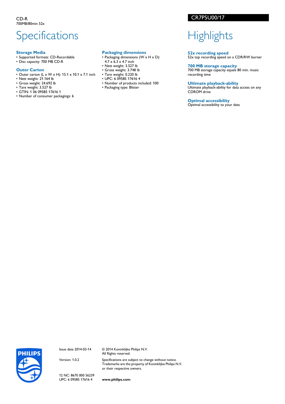 Specifications, Highlights | Philips CR7P5U00-17 User Manual | Page 2 / 2