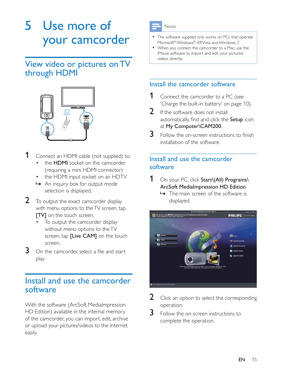 5 use more of your camcorder | Philips HD camcorder CAM200WH User Manual | Page 15 / 40