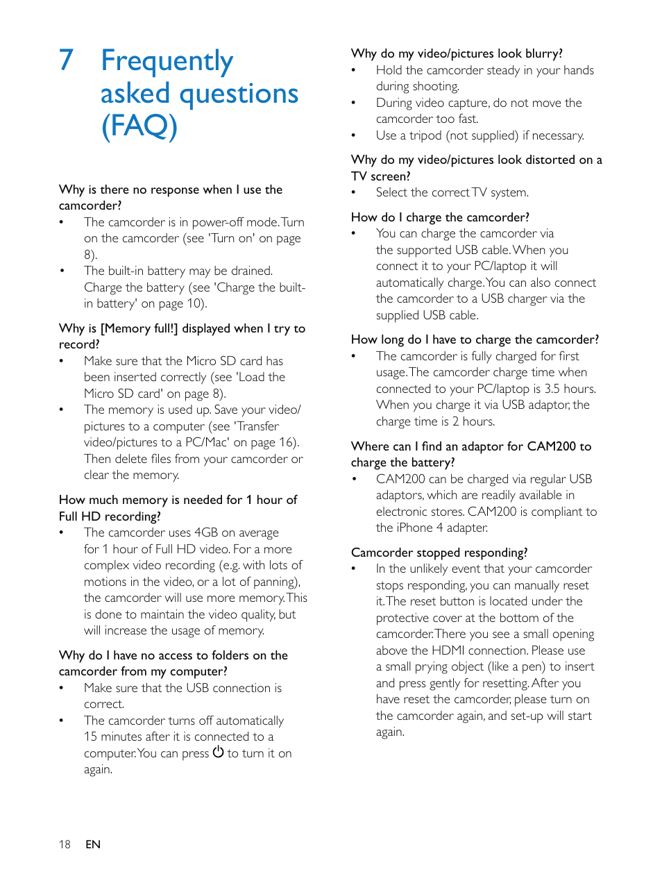 7 frequently asked questions (faq) | Philips HD camcorder CAM200WH User Manual | Page 18 / 40