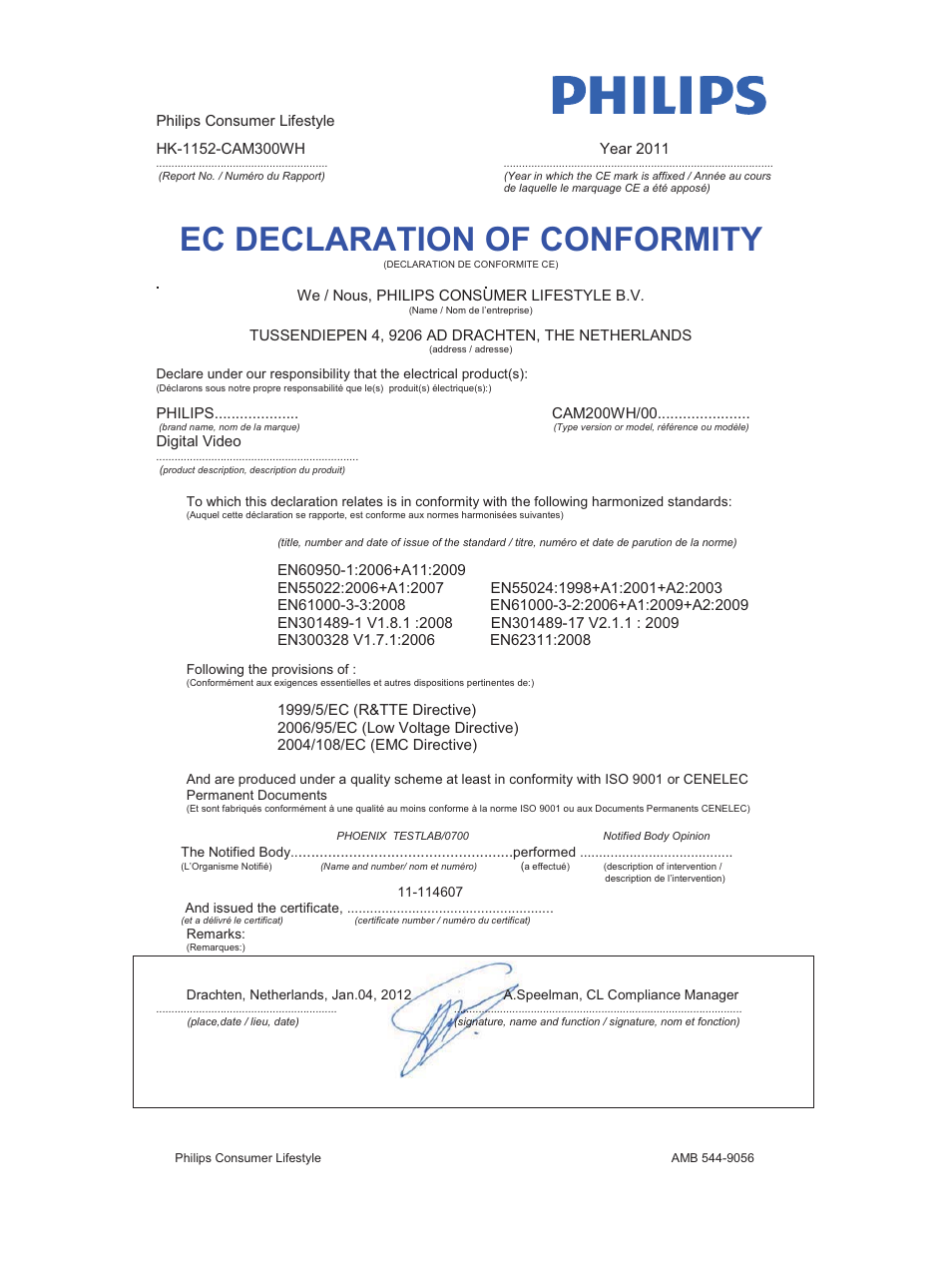 Ec declaration of conformity | Philips HD camcorder CAM200WH User Manual | Page 2 / 40