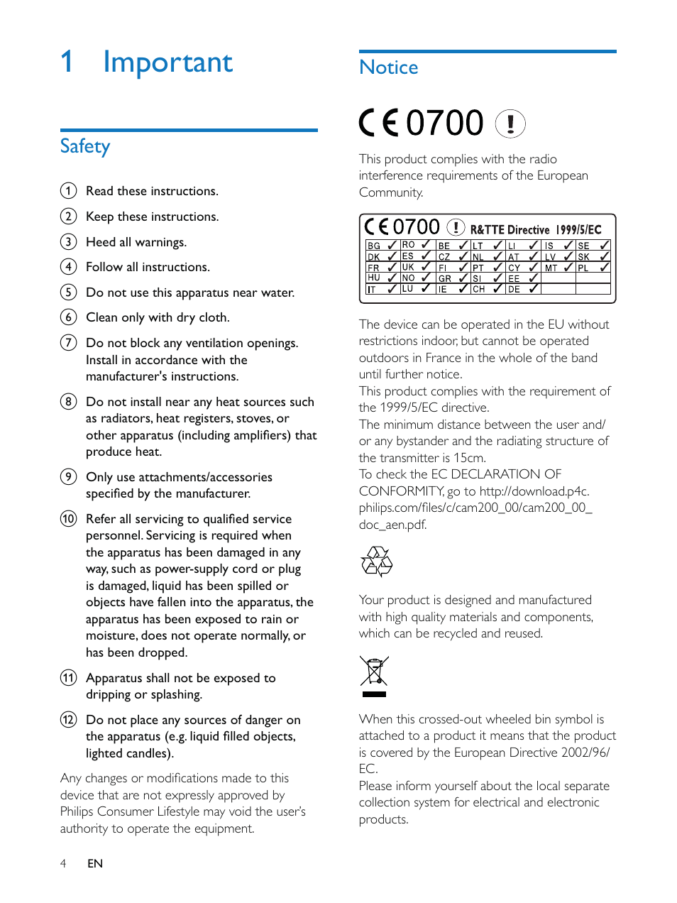 1 important | Philips HD camcorder CAM200WH User Manual | Page 4 / 40