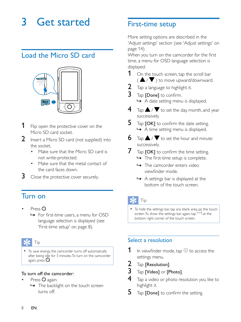 3 get started, Load the micro sd card, Turn on | First-time setup | Philips HD camcorder CAM200WH User Manual | Page 8 / 40