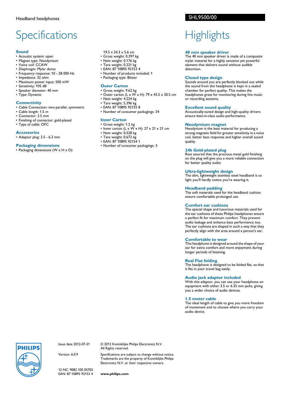 Specifications, Highlights | Philips SHL9500-00 User Manual | Page 2 / 2