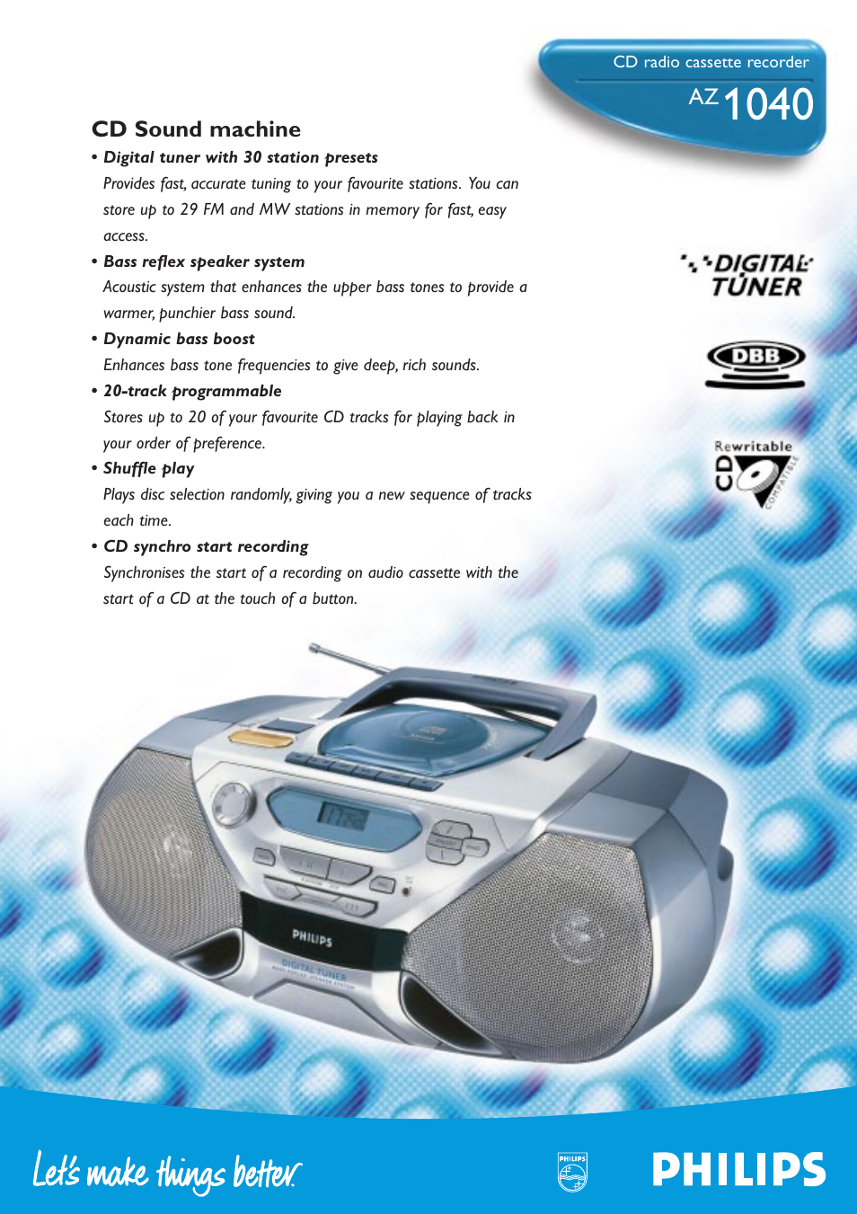 Philips PORTABLE RADIO CASS REC + CD User Manual | 2 pages