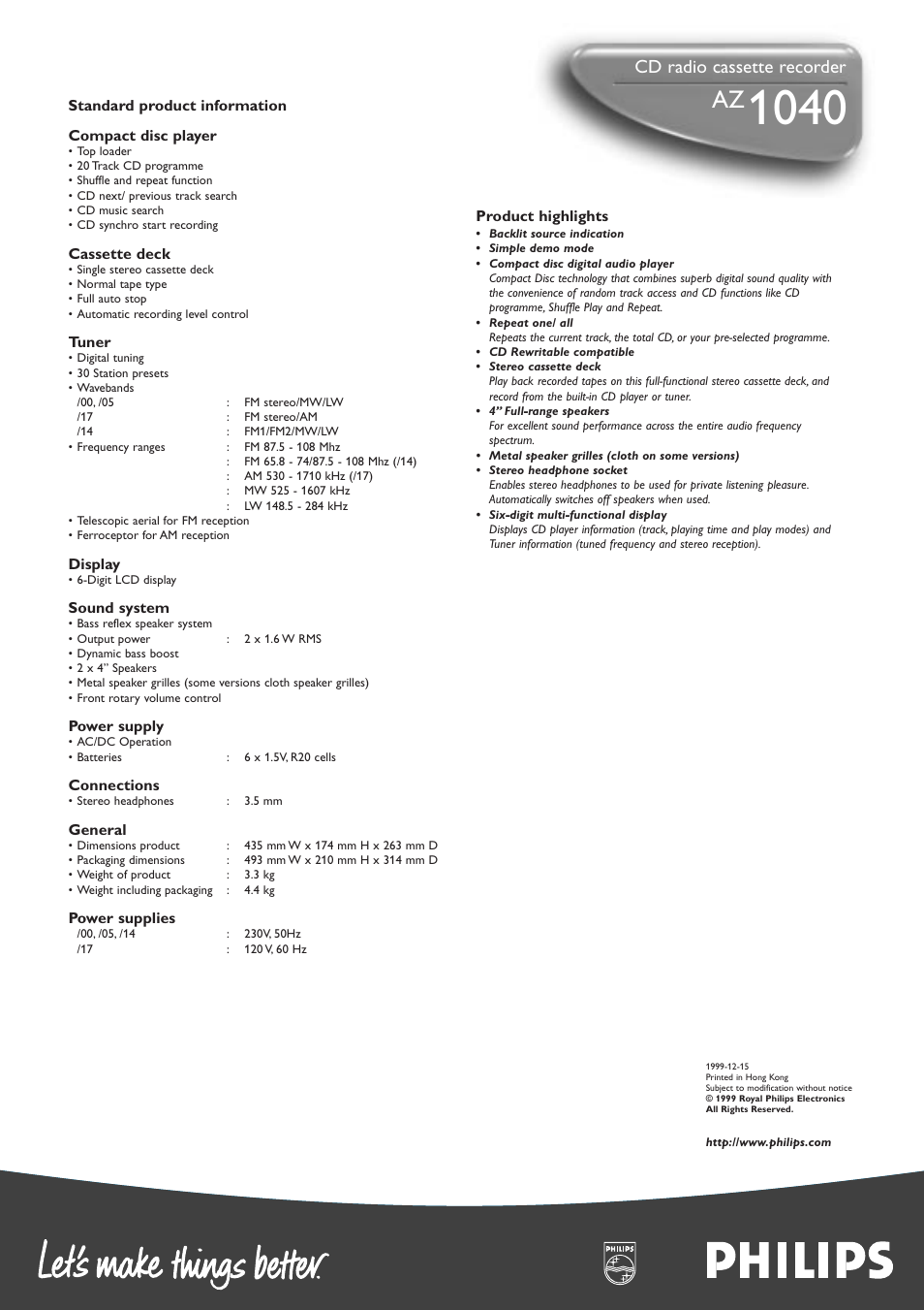 Cd radio cassette recorder | Philips PORTABLE RADIO CASS REC + CD User Manual | Page 2 / 2