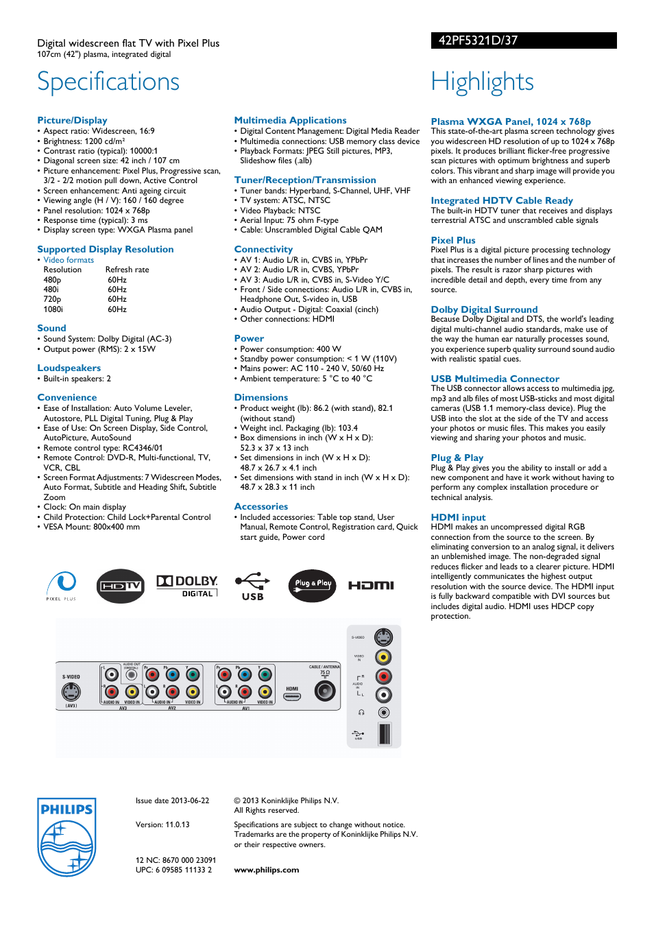 Specifications, Highlights | Philips 42PF5321D-37B User Manual | Page 2 / 2