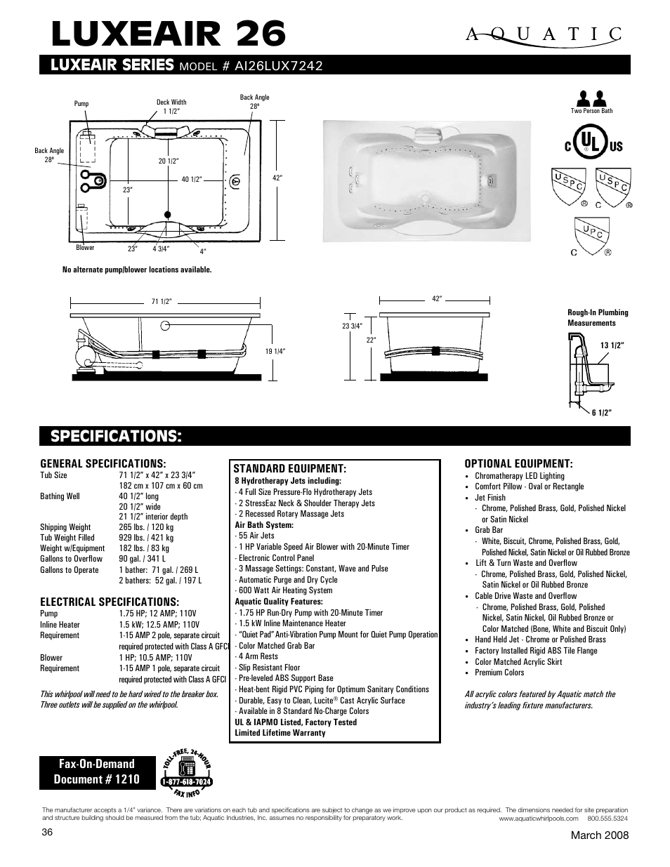 Aquatic LUXEAIR 26 ai26lux7242 User Manual | 1 page