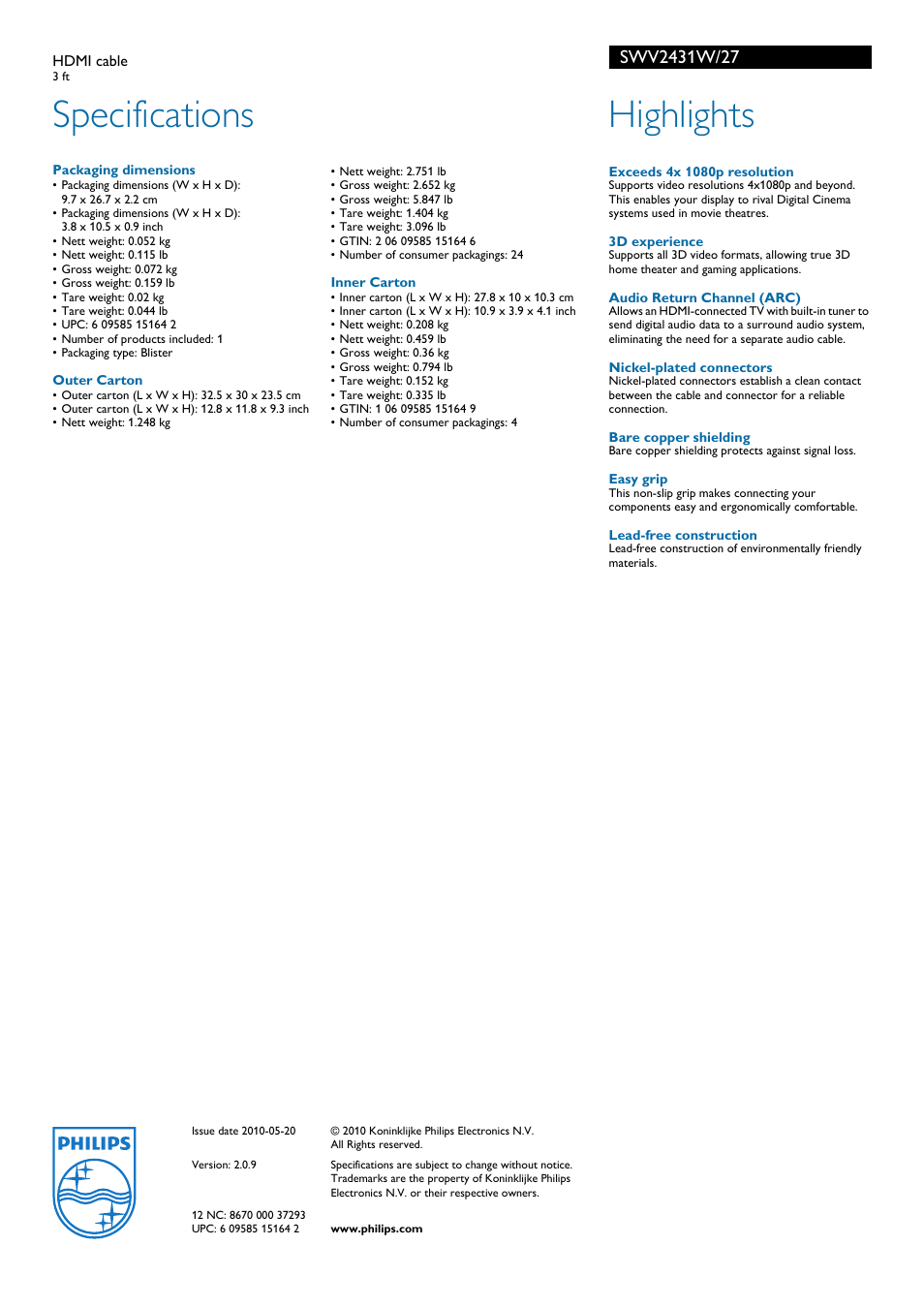 Specifications, Highlights | Philips SWV2431W-27 User Manual | Page 2 / 2