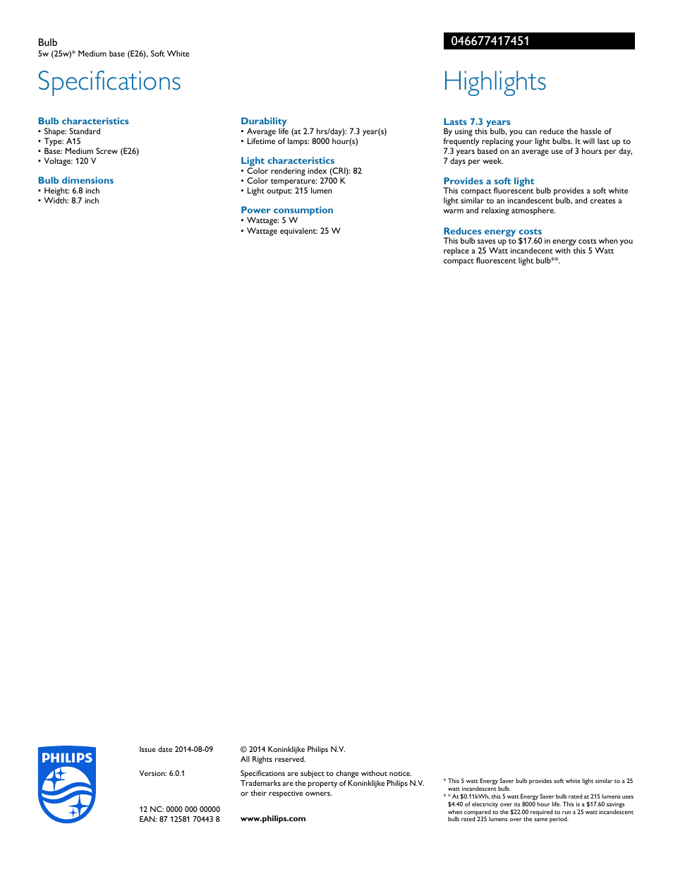 Specifications, Highlights | Philips 046677417451 User Manual | Page 2 / 2