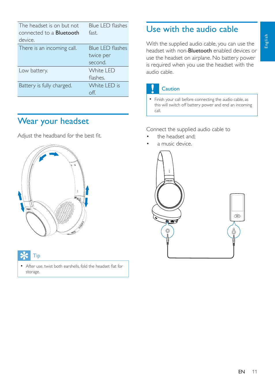 Wear your headset, Use with the audio cable | Philips SHB9100-28 User Manual | Page 10 / 15