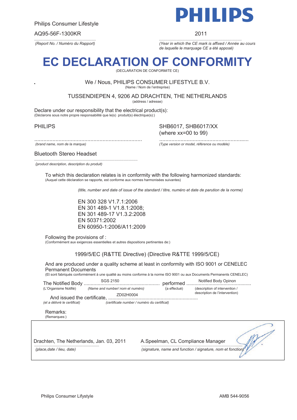 Ec declaration of conformity | Philips SHB9100-28 User Manual | Page 14 / 15