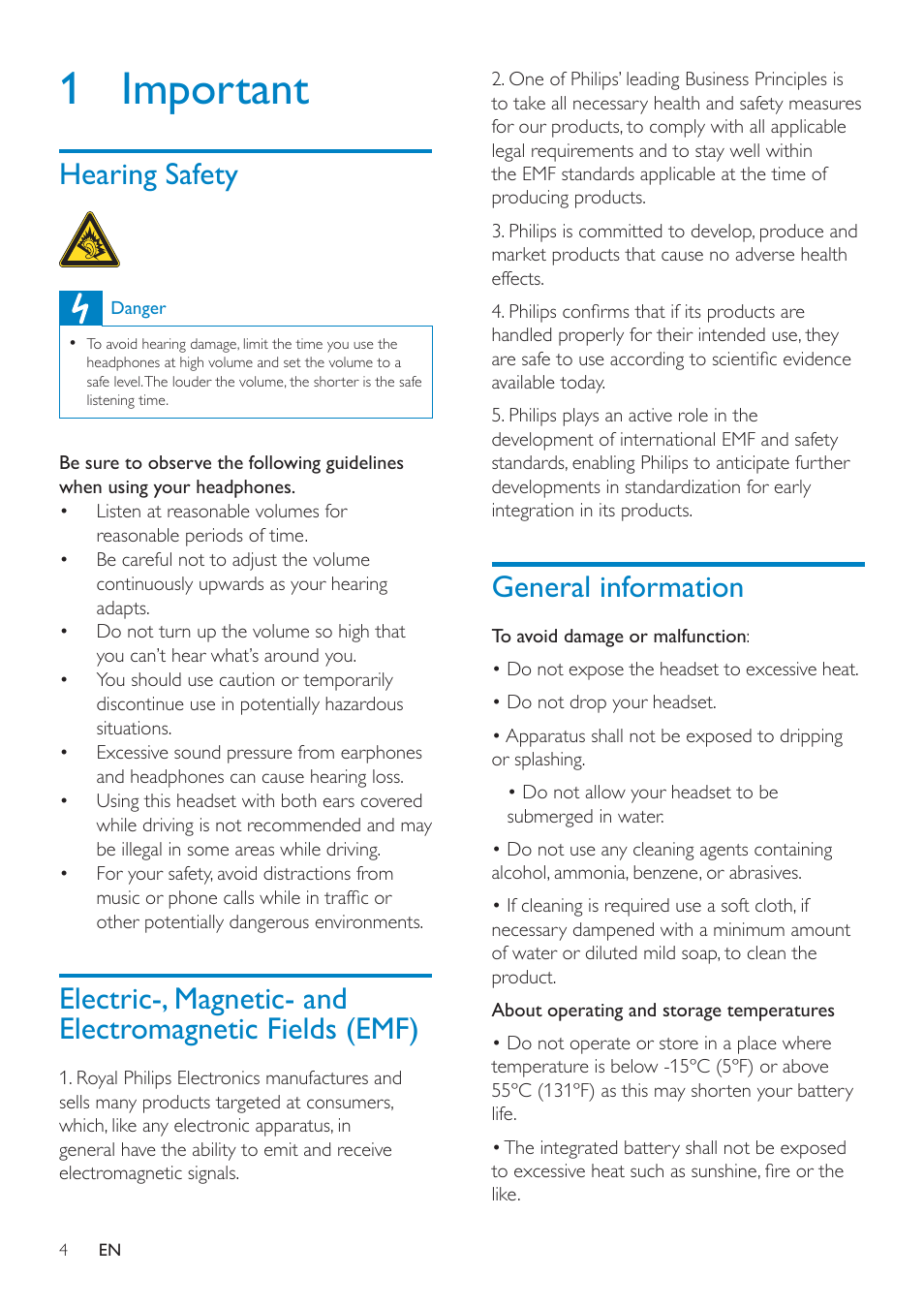 1 important, Hearing safety, General information | Philips SHB9100-28 User Manual | Page 3 / 15