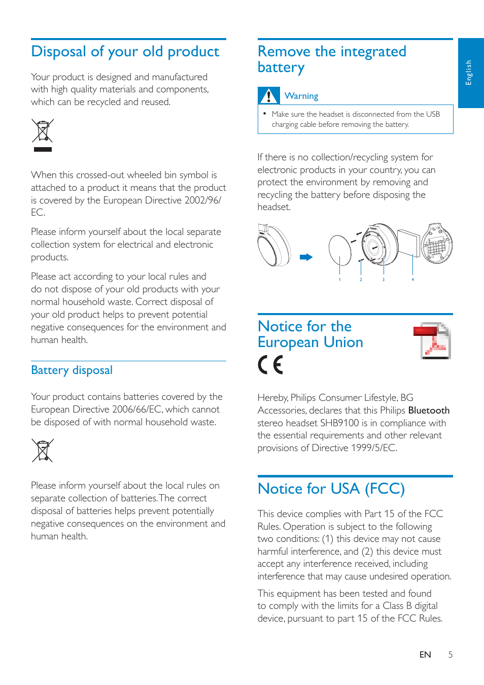 Disposal of your old product, Remove the integrated battery, Notice for the european union | Notice for usa (fcc) | Philips SHB9100-28 User Manual | Page 4 / 15