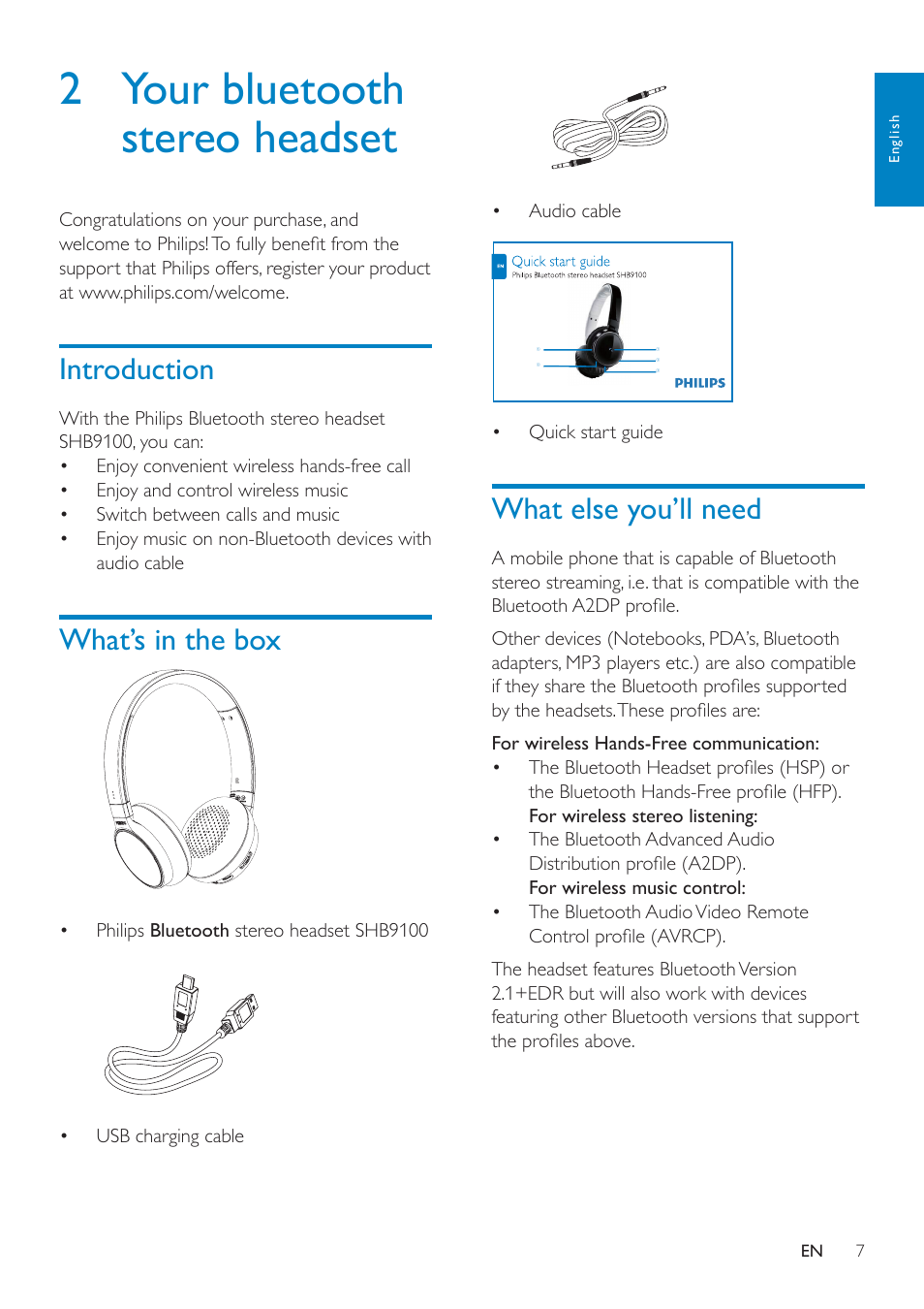 2 your bluetooth stereo headset, Introduction, What’s in the box | What else you’ll need | Philips SHB9100-28 User Manual | Page 6 / 15