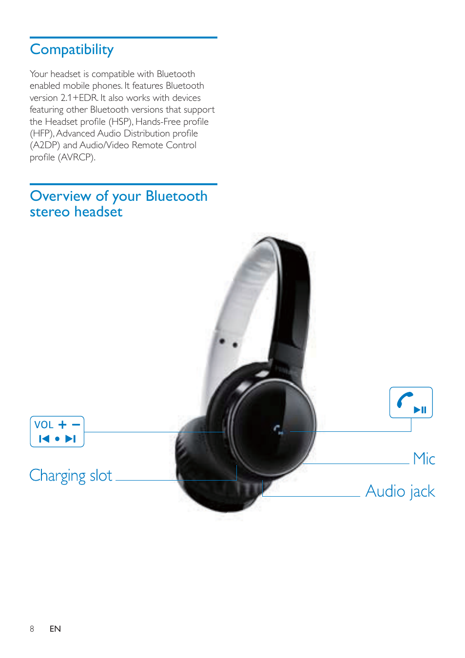 Compatibility, Overview of your bluetooth stereo headset | Philips SHB9100-28 User Manual | Page 7 / 15