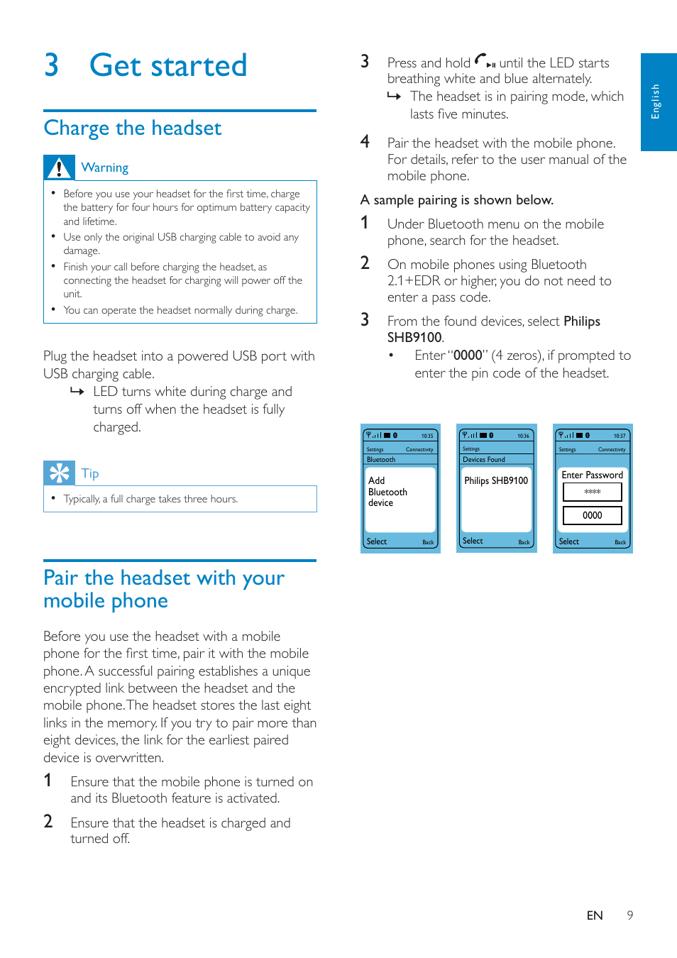 3 get started, Charge the headset, Pair the headset with your mobile phone | Philips SHB9100-28 User Manual | Page 8 / 15