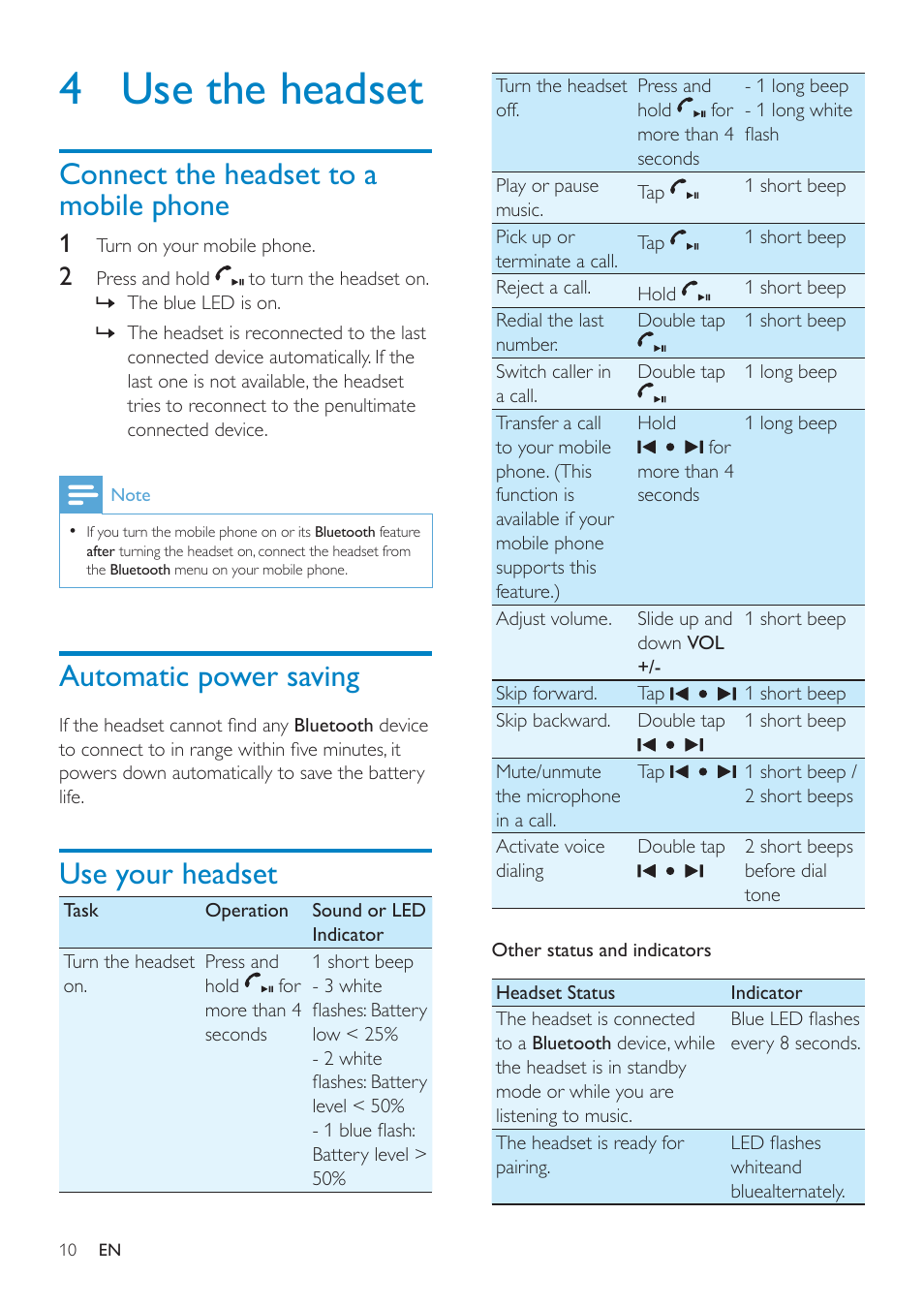 4 use the headset, Connect the headset to a mobile phone, Automatic power saving | Use your headset | Philips SHB9100-28 User Manual | Page 9 / 15