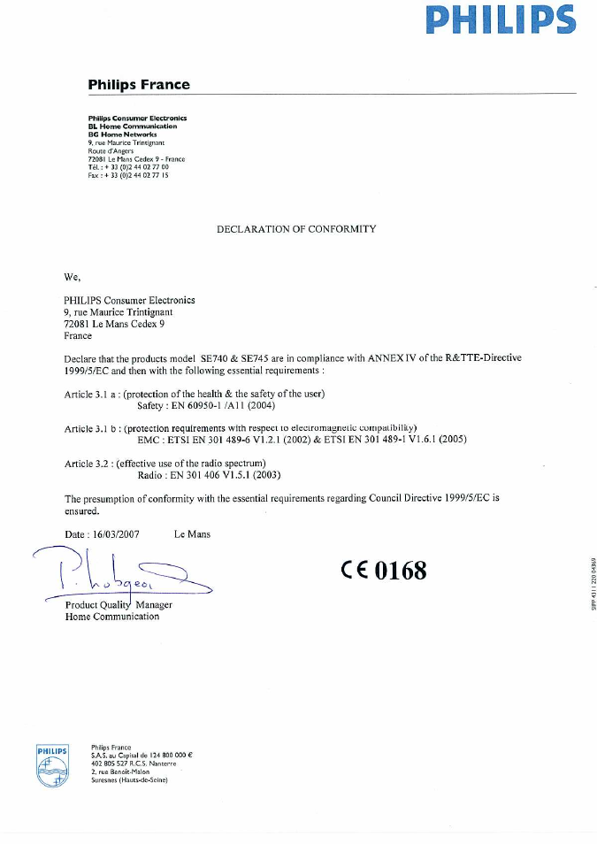 Philips SE7452B-37 User Manual | 1 page